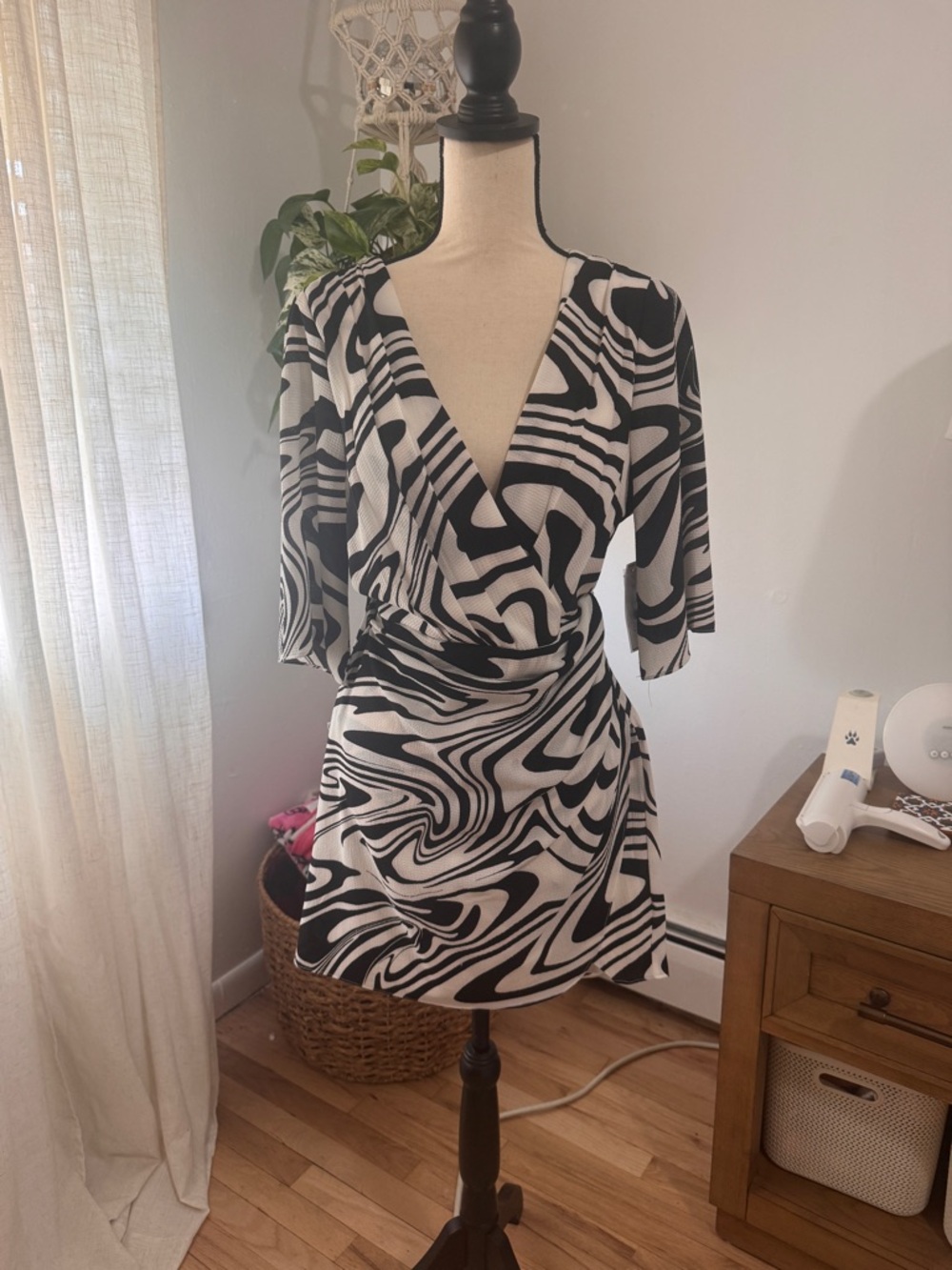 Black & White Swirl Wrap Dress